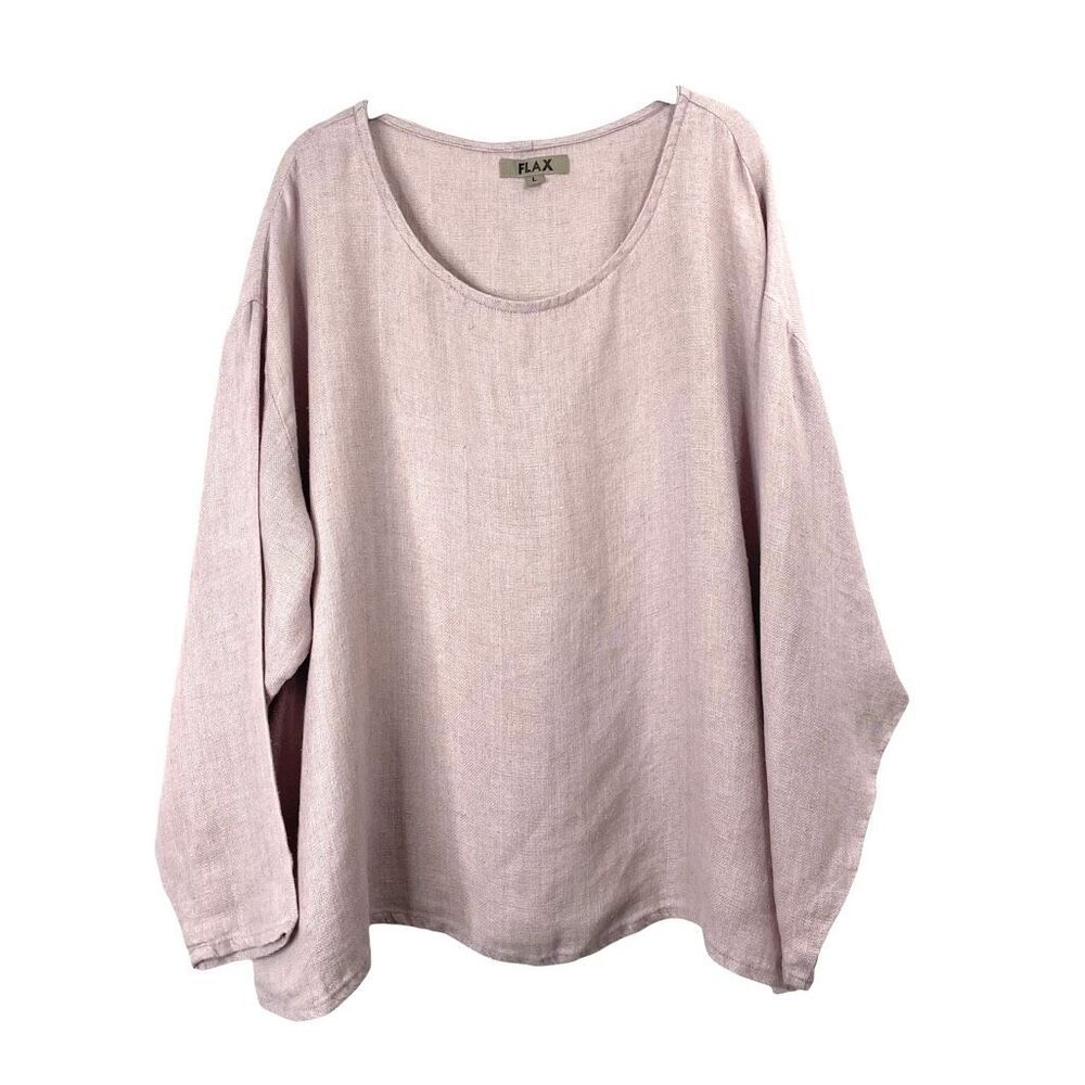 Flax 100% linen ling sleeve boxy top Size L lilac lagenlook boho earthy